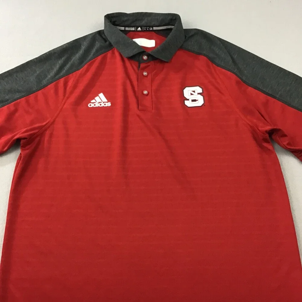 NC State Wolfpack Polo Shirt Men Large Red Black Adidas Climalite Logo NCAA L